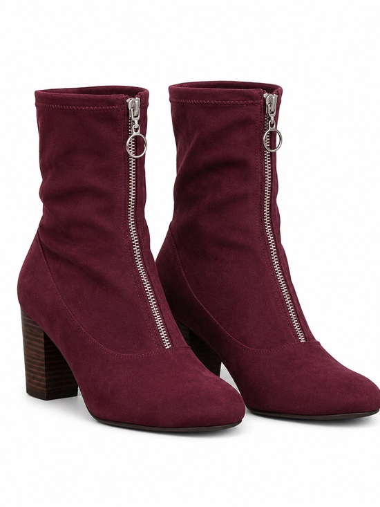 Unbranded Shoes - Burgundy Suede Ankle Booties With Front Zipper & Block Heels